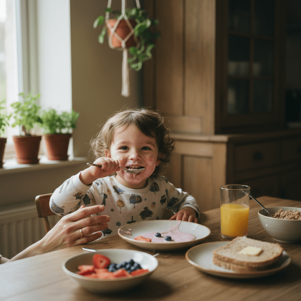 Child happily eating LACTEOS CAMPO PARDO yogurt at breakfast