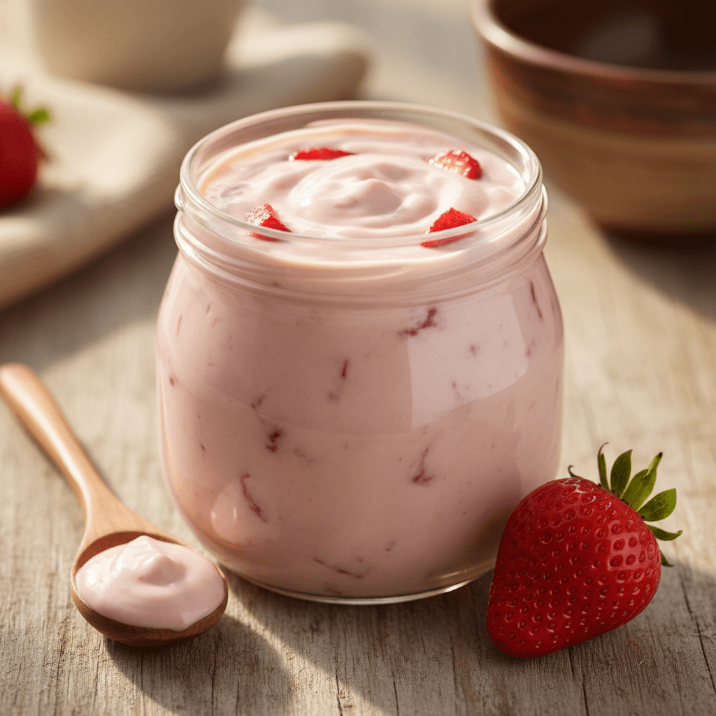 Strawberry yogurt in glass jar with fresh fruit