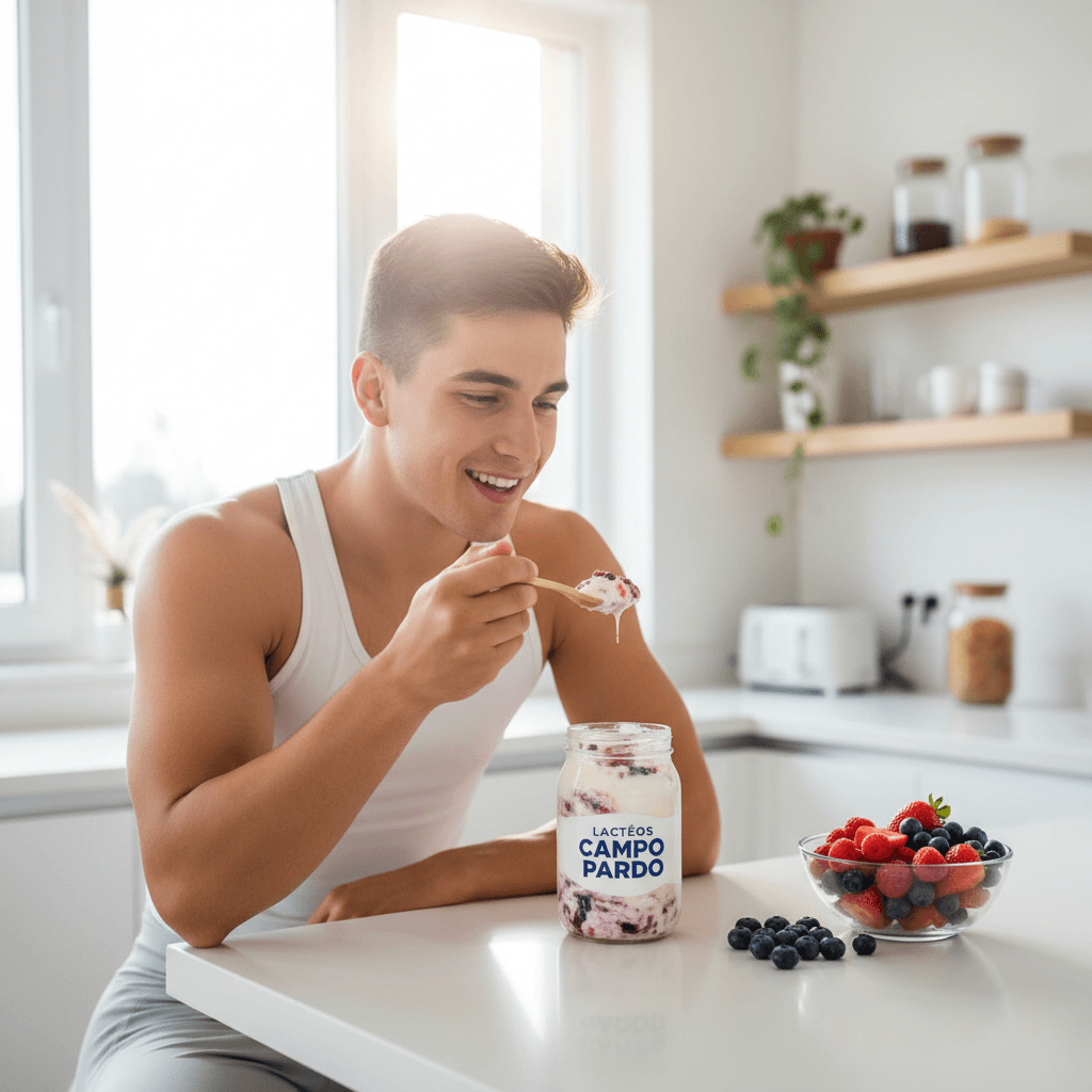 Young athlete enjoying natural yogurt for post-workout nutrition