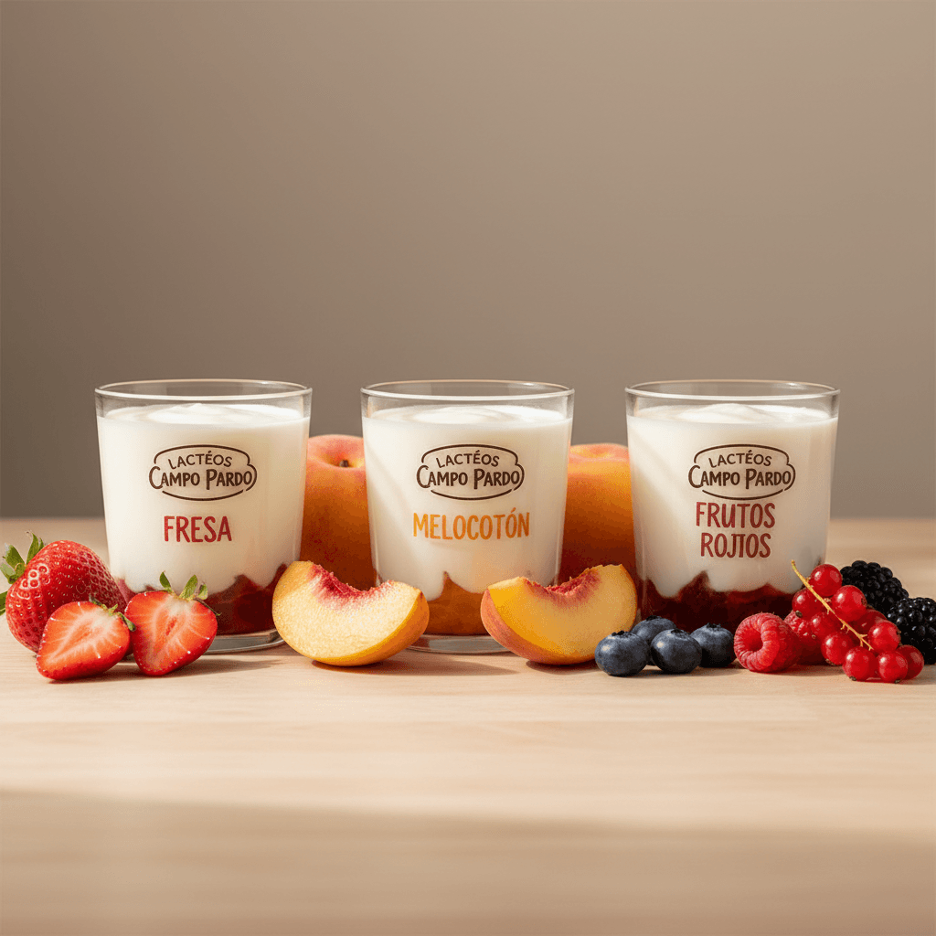 Artisanal yogurt cups with fresh strawberries, peaches, and red fruits