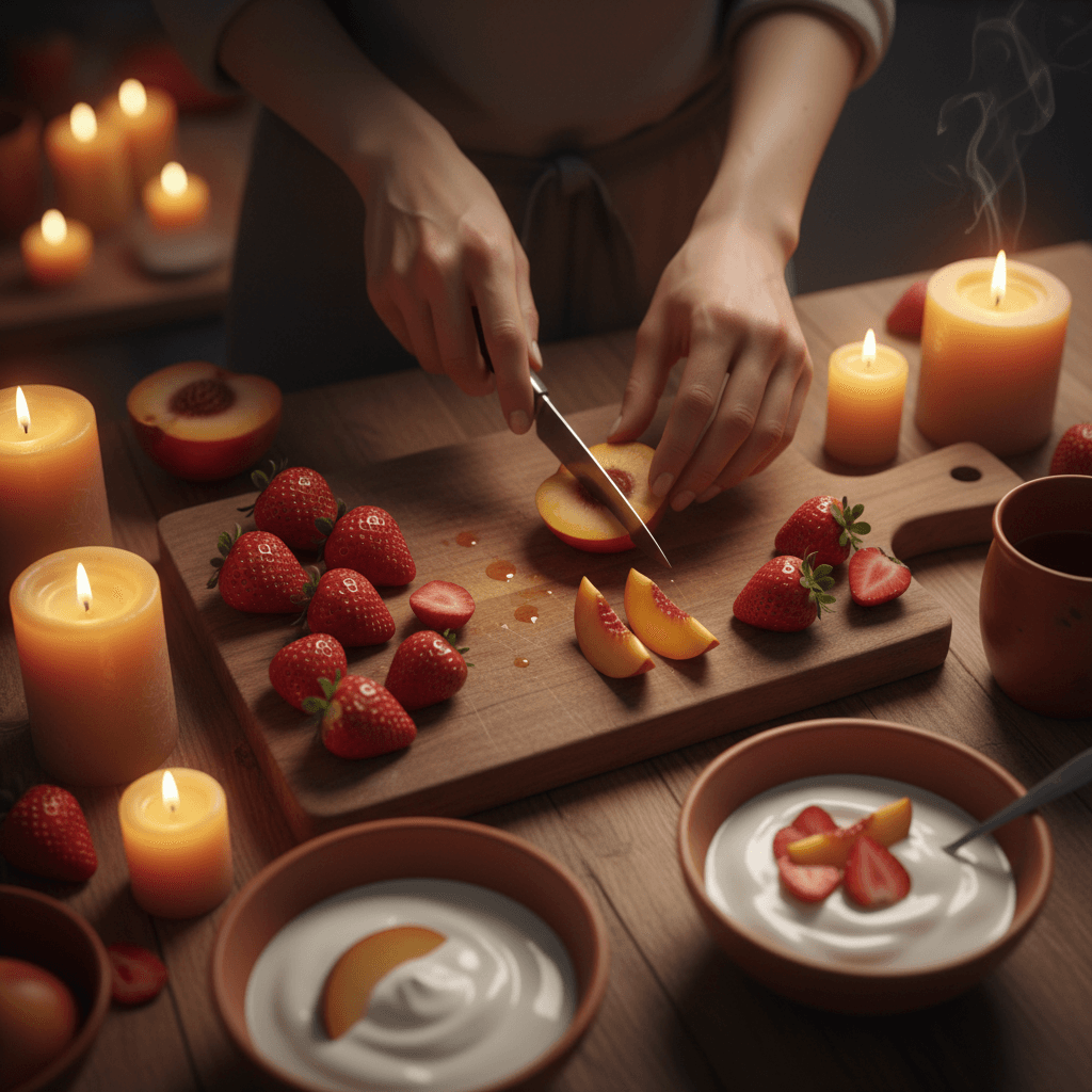 Hands preparing fresh fruit ingredients for yogurt