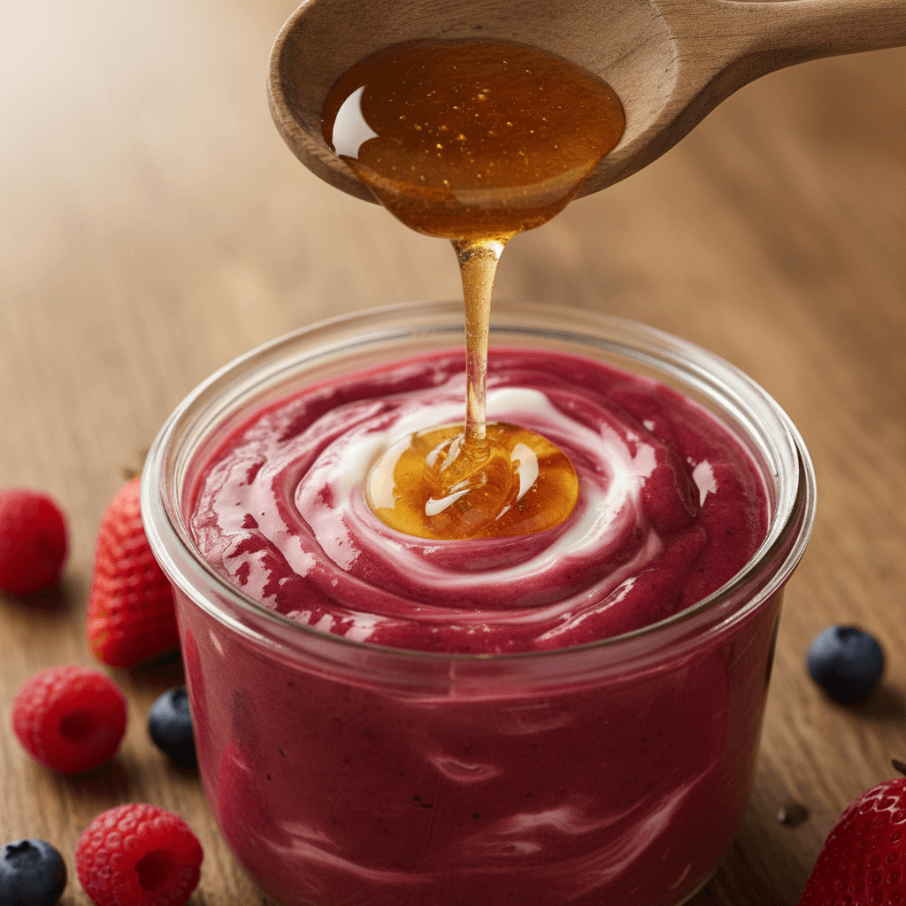 Red fruit yogurt drizzled with honey, topped with berries