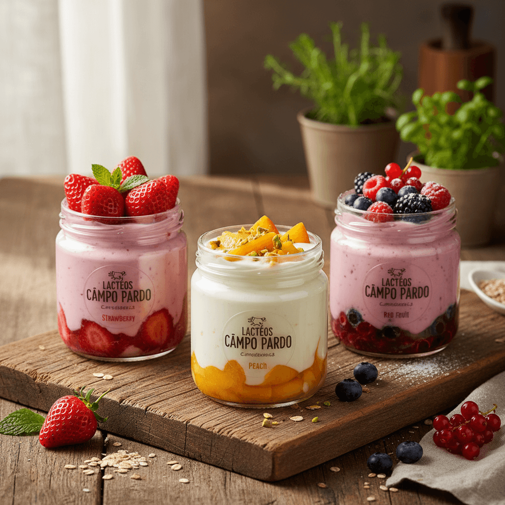 Three flavors of LACTEOS CAMPO PARDO yogurt displayed