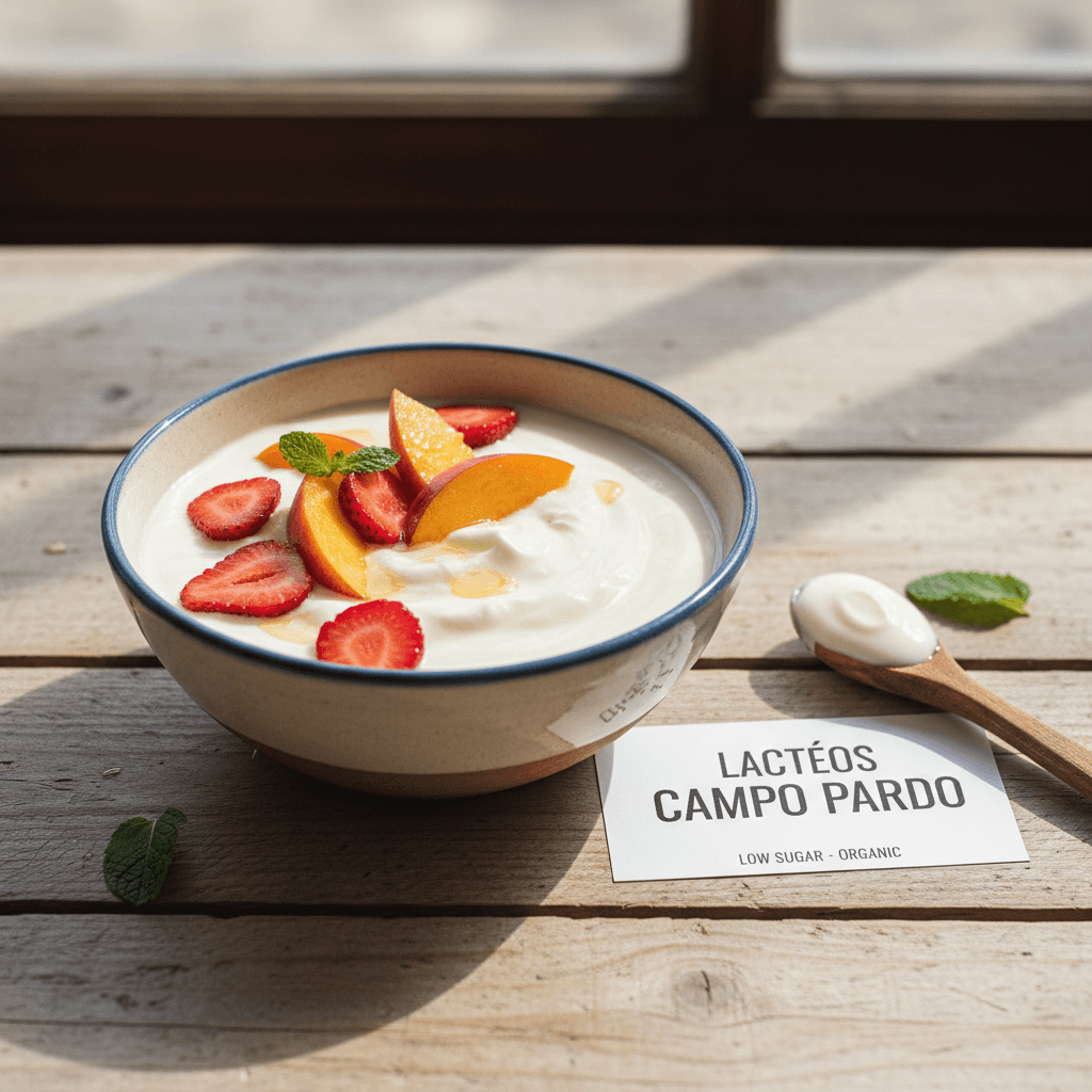 Bowl of creamy artisanal yogurt with fresh strawberries and peaches on a rustic table