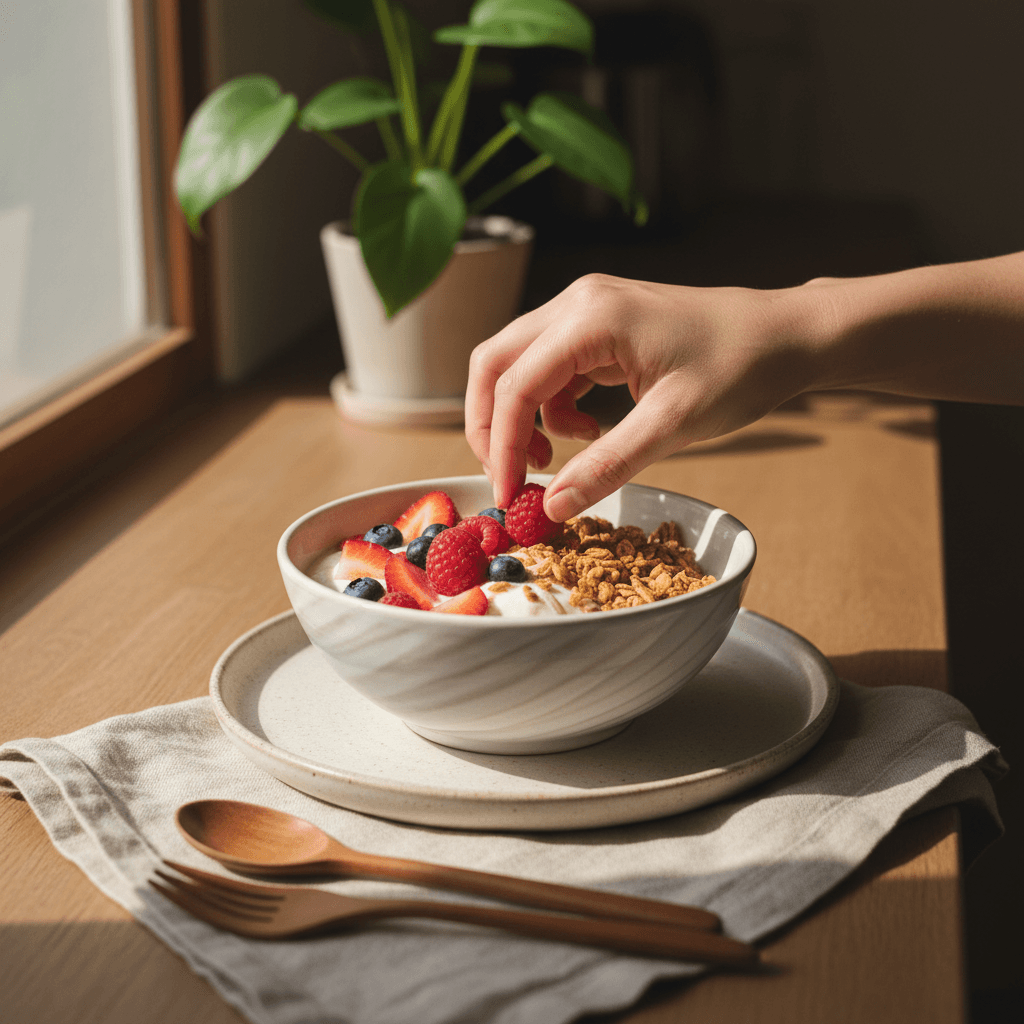 Creamy strawberry yogurt in glass bowl with fresh berries