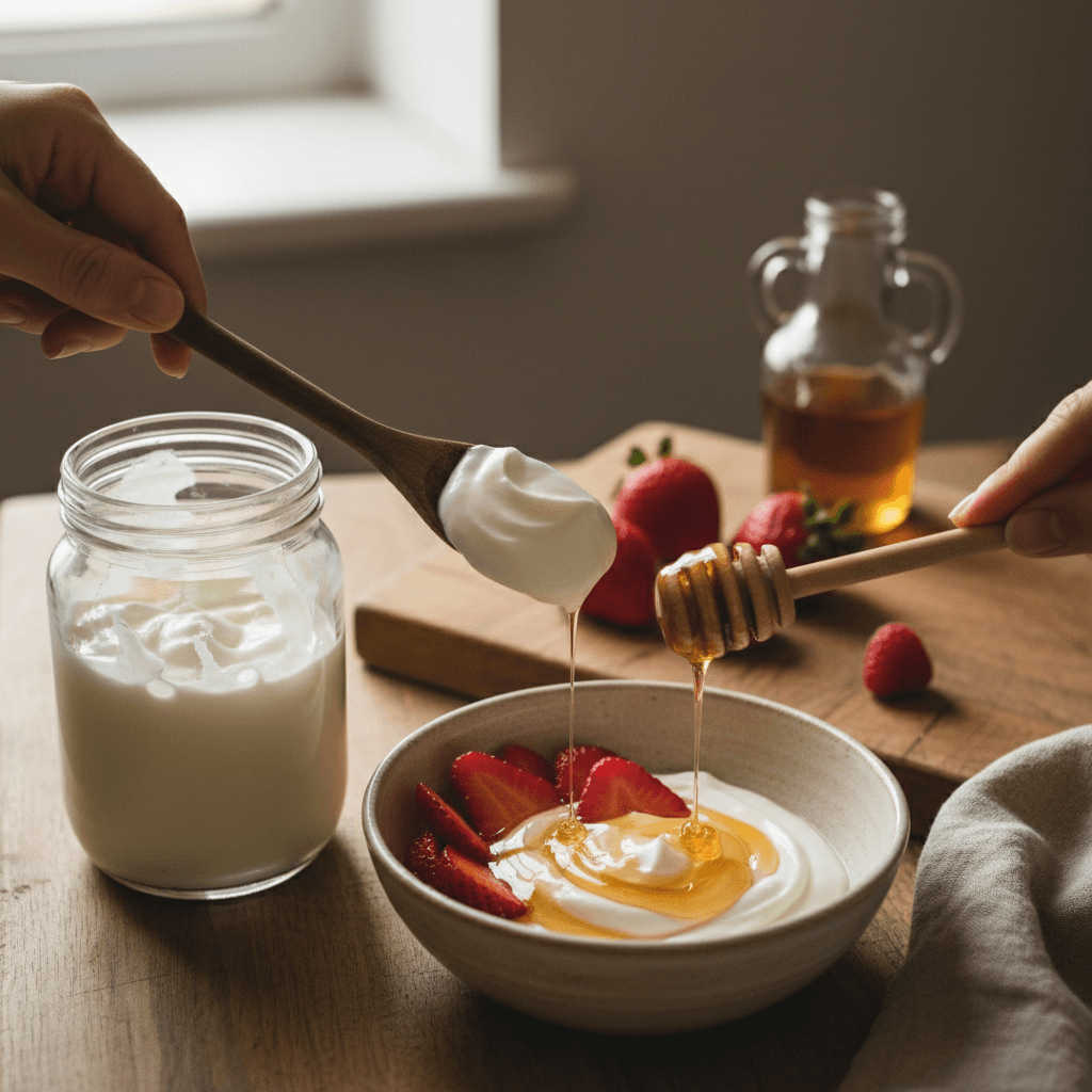 Three bowls of fresh artisanal LACTEOS CAMPO PARDO yogurt in strawberry, peach, and red fruit flavors with fresh berries on a wooden surface
