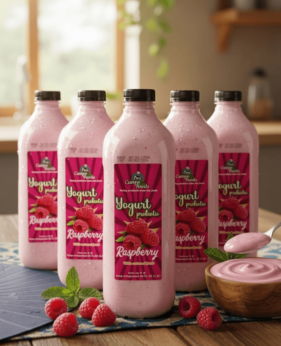 Five bottles of raspberry probiotic yogurt drink with fresh raspberries and a wooden bowl.