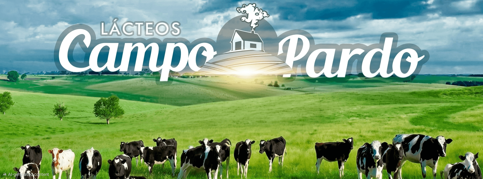Herd of cows grazing in green pastures under the Lácteos Campo Pardo brand logo.