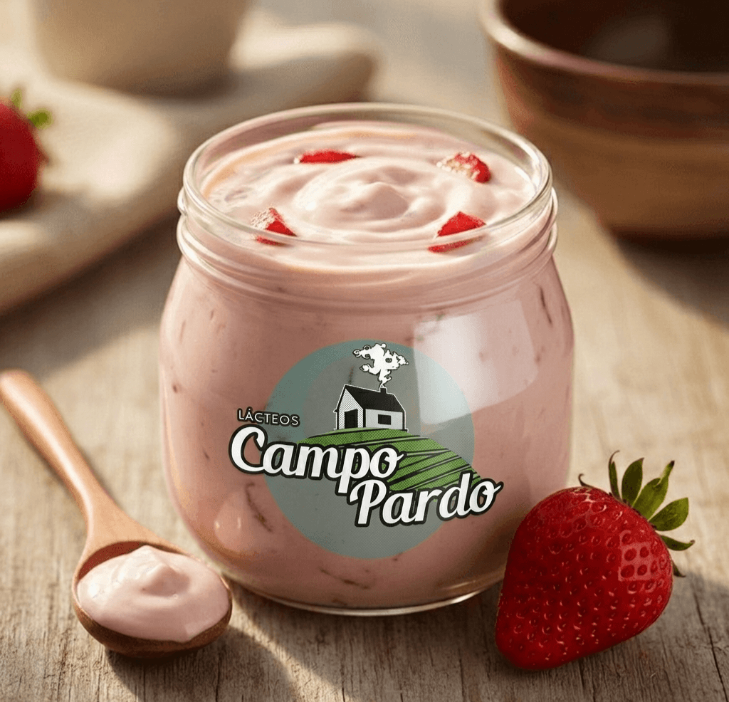 Creamy pink strawberry yogurt in a glass jar topped with fresh fruit pieces on wood.
