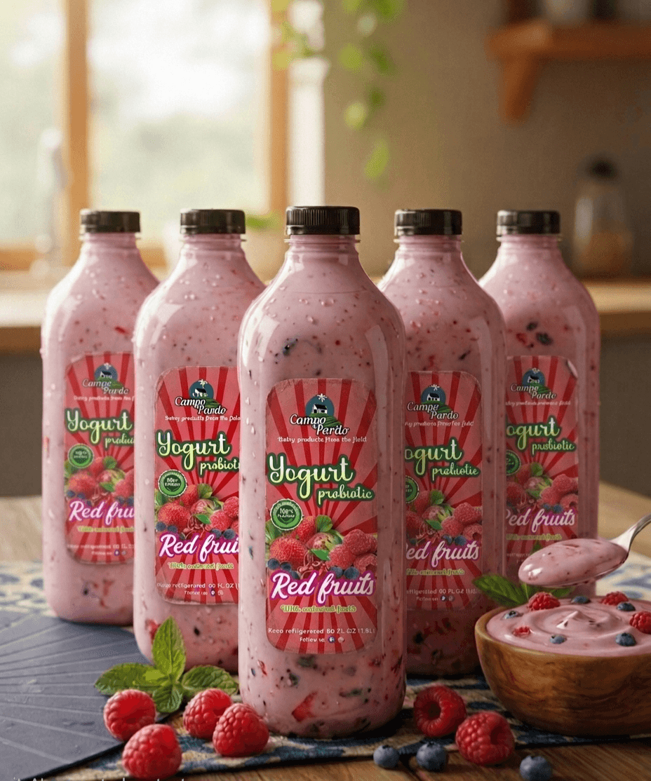 Five bottles of Campo Pardo red fruit yogurt and a bowl with fresh berries.