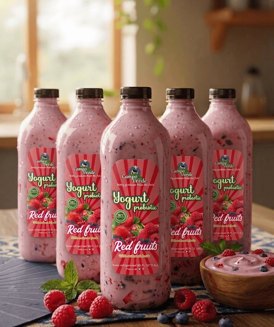 Five bottles of Campo Verde Red Fruits probiotic yogurt drink with fresh berries and bowl.