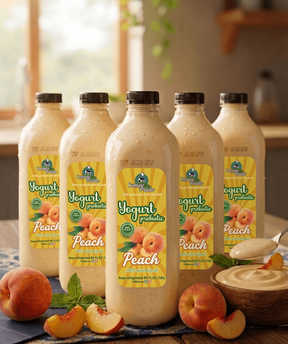 Five bottles of peach prebiotic yogurt drink with fresh peaches and a yogurt bowl.