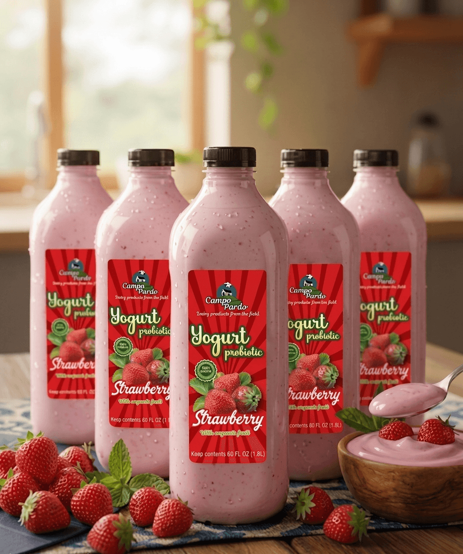 Five bottles of pink strawberry probiotic yogurt drink with fresh strawberries and a yogurt bowl.