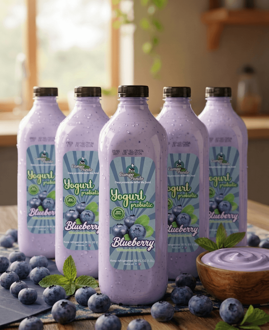 Five chilled bottles of blueberry probiotic yogurt drink with fresh blueberries and mint leaves.