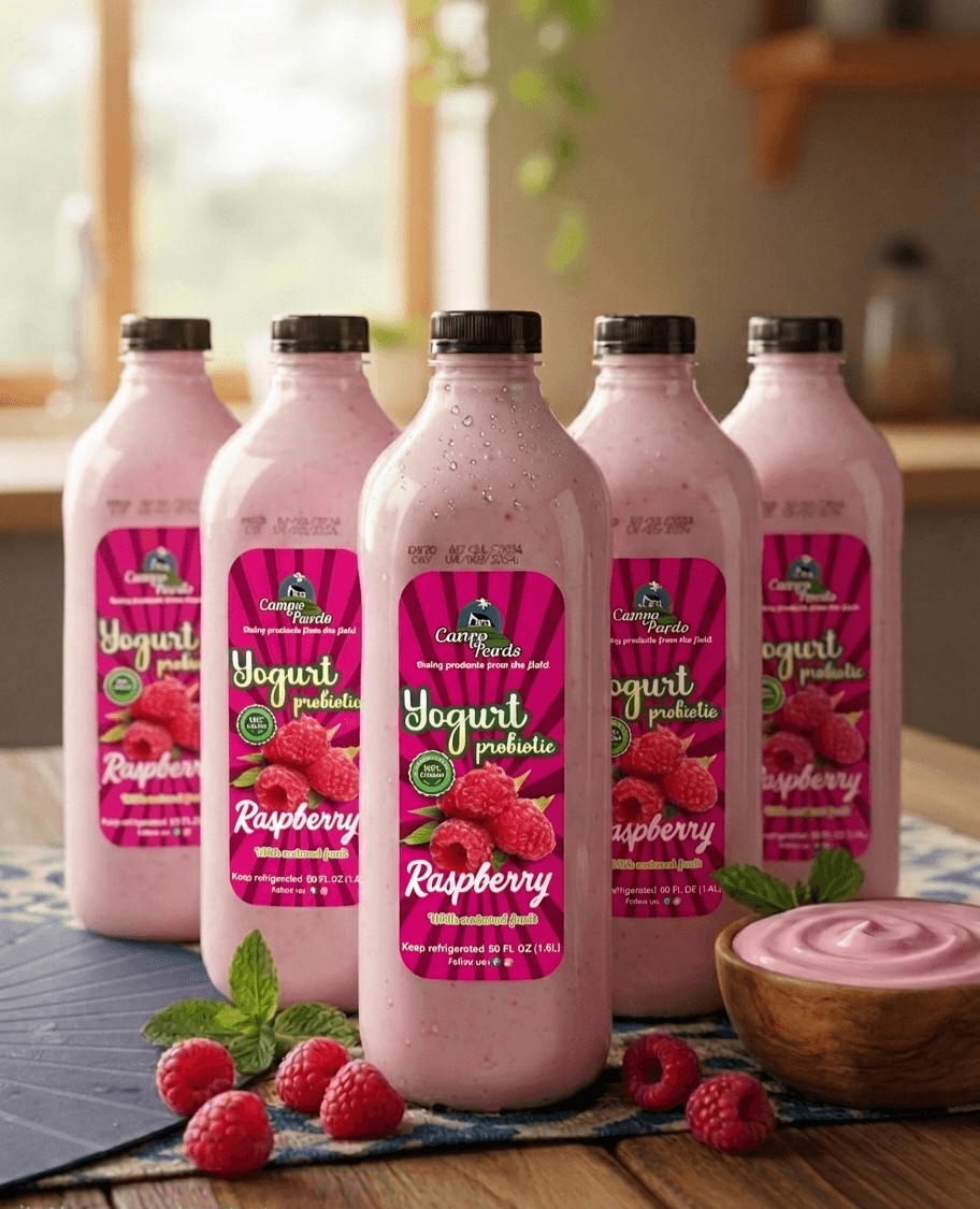 Five bottles of pink raspberry probiotic yogurt drink with fresh berries and mint leaves.