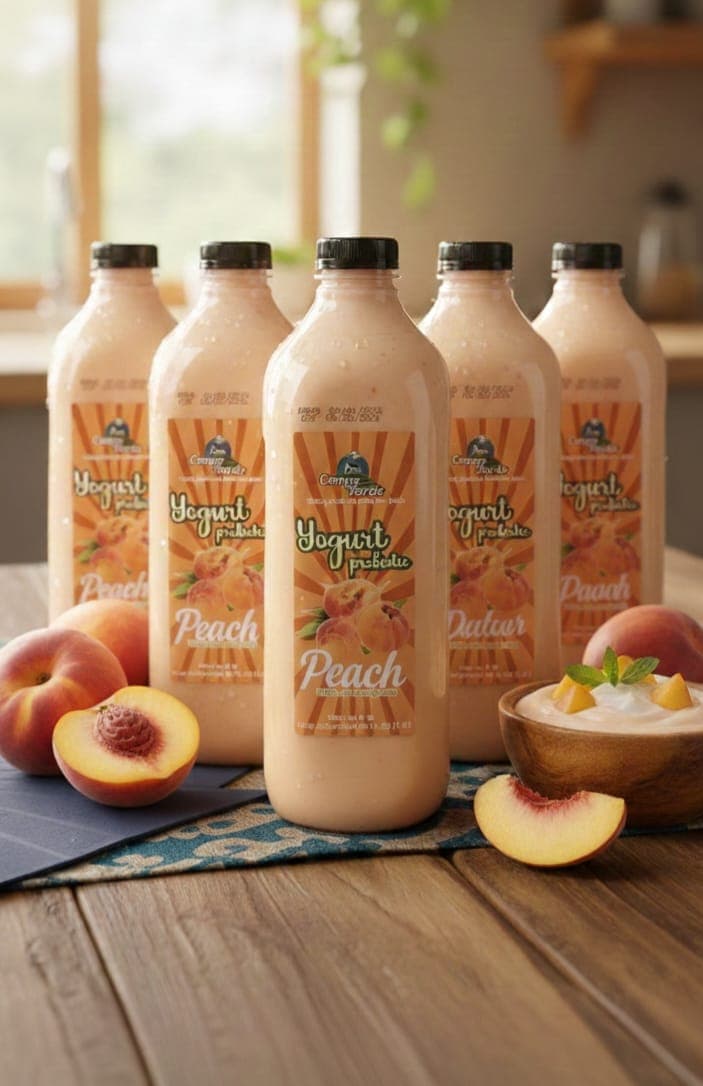 Five bottles of peach probiotic yogurt on a wooden table with fresh peach slices.