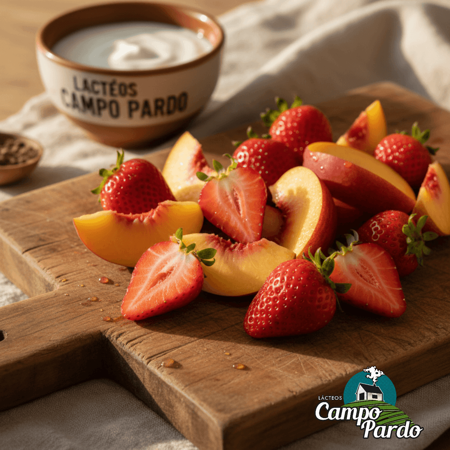 Freshly sliced strawberries and peaches on a rustic wooden board with creamy yogurt.